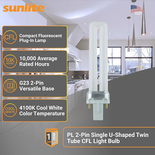 Sunlite 40501 PL7/SP41K Plugin U-Shaped Compact Fluorescent Lamp, 7 Watts, 360 Lumens, 4100K Cool White, 2-Pin (G23) Base, 10 Pack