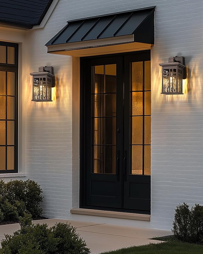 Outdoor Wall Sconce 2-Pack, HWH Dusk to Dawn Exterior Wall Light Fixtures, Farmhouse Outside Lights for House Oil-Rubbed-Bronze with Water Ripple Glass, 5HD27B-PC-2PK ORB-WP