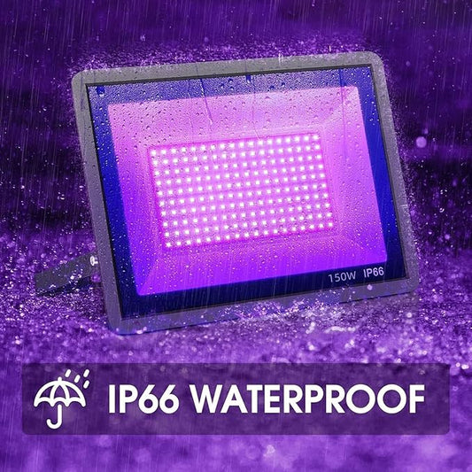 4 Pack 150W LED Black Lights, Blacklight Flood Light Outdoor with Plug and Switch, IP66 Waterproof for Dance Party, Glow in The Dark, Halloween Lights, Body Paint, Fluorescent Poster