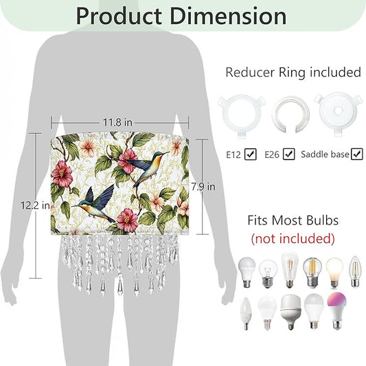 Hummingbird Floral Lamp Shade with Acrylic Bead Droplets, Spring Humming Bird Flower Fabric Light Shade for Pendant Table & Floor Lamps, Memorial Gift for Bird Lover, 11.8in