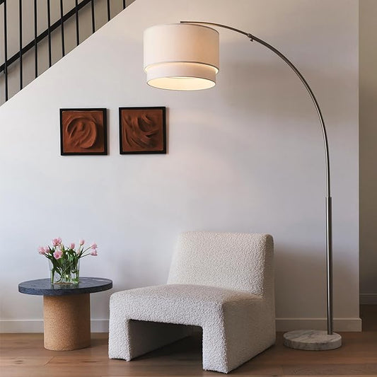 Brightech Mason Arc Floor Lamp - Modern Corner Standing Lamp with Unique Hanging Drum Lamp Shade for Living Room - Bright Overhead, Curved Hanging Light for Bedroom. Library, Den - Nickel