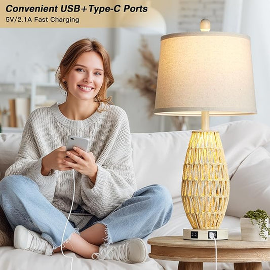 27" Beige Boho Rattan Lamps Set of 2, Coastal Natural Bedroom Table Lamps with Night Light, Woven Wicker Bedside Nightstand Lamp with USB A+C Charging Port, Farmhouse Lamp for Living Room