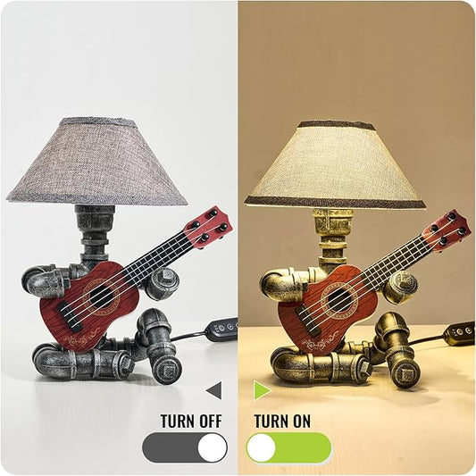 Music Guitar Table Lamp Art Decor Guitar Stuff Cool Gifts for Music Lovers Microphone Players for Men Steampunk Pipe Man Edison Bulb Lamps Retro Guitars Metal Pipe Industrial Robot Lights Silver Gray
