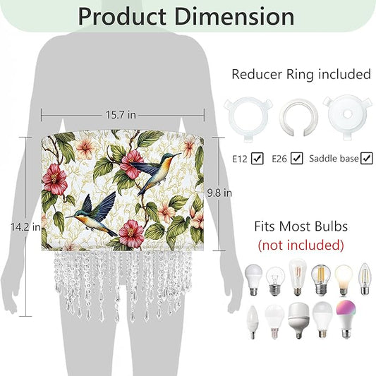 Hummingbird Floral Lamp Shade with Acrylic Bead Droplets, Spring Humming Bird Flower Fabric Light Shade for Pendant Table & Floor Lamps, Memorial Gift for Bird Lover, 15.7in