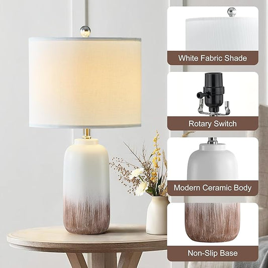 24" Ceramic Table Lamps Set of 2 for Living Room, Modern Brown Bedside Lamps for Night Stands, 3 Way Dimmable Farmhouse End Table Lamp with White Shade for Bedroom
