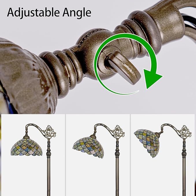 Tiffany Style Stained Glass Floor Lamp, Antique Bronze Base Standing Lamp with Green Fish Scales Shade & Gooseneck Adjustable Corner for Living Room, Bedroom, Home Office 12X18X64 Inches