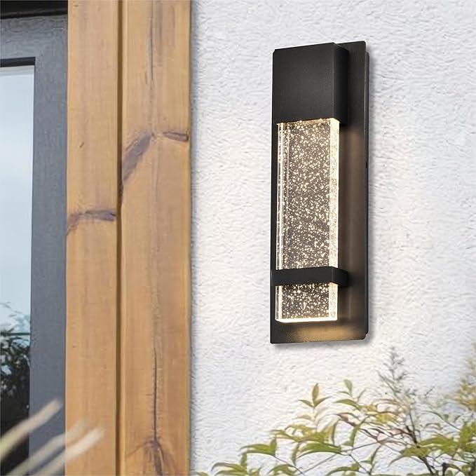 Modern LED Outdoor Wall Sconce, 13.8'' Black Exterior Wall Light Fixture with Crystal Bubble Glass, Hardwired Outdoor Light for Porch, Patio, Garage, Coach Lights, Waterproof Wall Mount Sconce