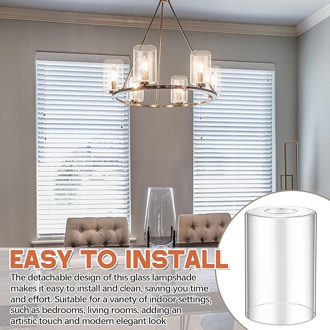 8 Pcs Clear Glossy Glass Shade Replacements for Pendant Light Fixtures Glass Lamp Shade Cover, 1-5/8 Inch Fitter E26 Base, 4"w x 6"h, Replacement Lamp Globe for Chandelier Wall Sconce