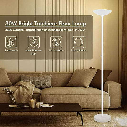 30W Torchiere Floor Lamp - 3600LM Super Bright LED Floor Lamp, 71 Inch Stepless Dimmable Standing Lamp with 3000K Lighting, Rotary Switch, Tall Metal Torch Floor lamps for Living Room/Bedroom (White)