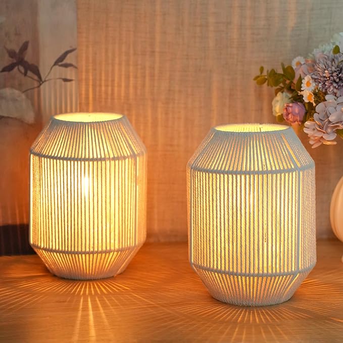 JHY DESIGN Set of 2 Woven Lampshade Table Lamps 8.5" H Cotton Rope Bedside Lights Cordless Decorative Battery Operated Lamps with 6 Hours Timer for Bedroom Living Room Weddings Parties Patio
