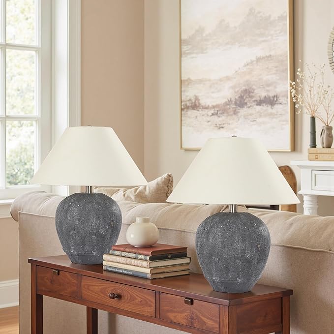 Farmhouse Ceramic Table Lamp Set of 2, 21" Rustic Table Lamp with Linen Shade, 3-Way Dimmable Bedside Nightstand Lamps for Bedroom, Living Room, E26 Socket, Dark Grey