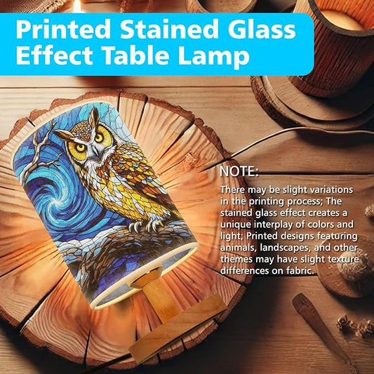 Owl Table Lamp LED 3-Color Pressed Bedside, Owl Shade Lamp with Wood Base for Bedroom Living Room Desk Office TL01