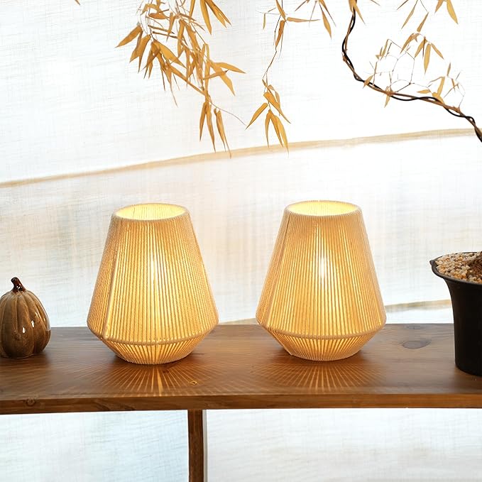 JHY DESIGN Set of 2 Woven Lampshade Table Lamps 8" H Cotton Rope Bedside Lights Cordless Decorative Battery Operated Lamps with 6 Hours Timer for Bedroom Living Room Home Parties Patio Events