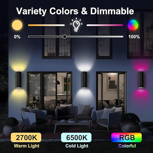 Smart Up & Down Outdoor Wall Lights, RGBCW Color Changing LED Sconce with Bluetooth App & RF Remote Control, 2700K-6500K Tunable White, Dimmable Exterior Porch Lights for House Patio Garage