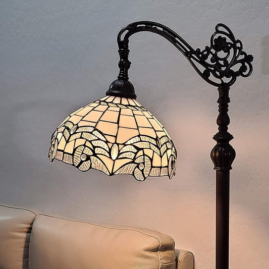 Amora Tiffany Floor Lamp - Arched, Stained Glass 62” - Traditional White Mahogany with Foot Switch Operation and Adjustable Lamp Shade - Custom Handcrafted Floor Lamps for Living Room