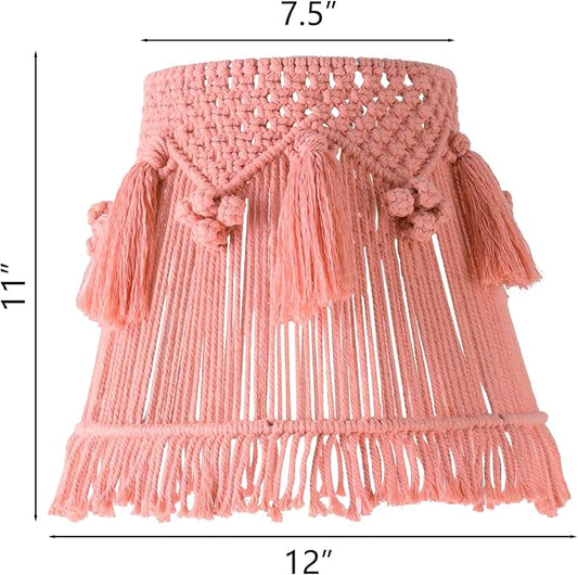 Pink Boho Woven Lamp Shade Bell Tassels Lampshade 7.5``Top x 12``Bottom x 11``High(Spider) Medium Handmade Lamp Shades for Table & Bedside Lamp - Easy Assemble