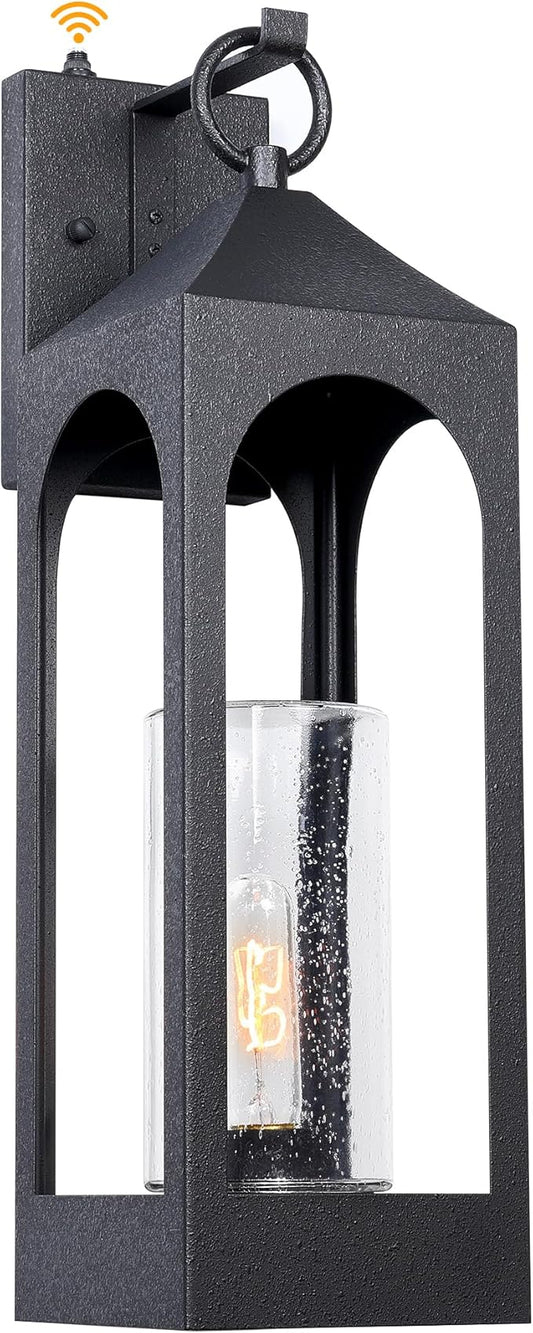 LamQee 20 Inch Dusk to Dawn Outdoor Wall Lights, Large Exterior Lighting Fixtures with Seeded Glass, Textured Black Modern Outdoor Sconces Wall Mount Lantern for House Porch Patio Garage Front Door