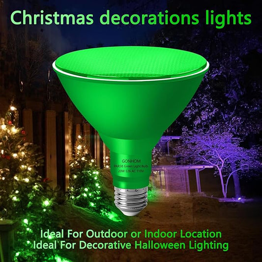 PAR38 Flood Lights Outdoor,Dimmable LED Flood Light Bulbs,20W(Equivalent to 200W),E26 Base,Outdoor Porch,Holiday Lighting,LED Flood Light Bulb for Halloween,Christmas,4 Pack Green