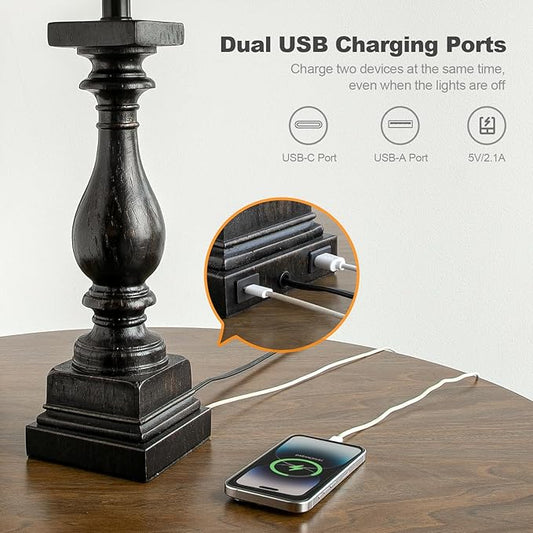 BOBOMOMO 27" Farmhouse Table Lamp Set of 2 with USB A+C for Bedroom Living Room Vintage Rustic Traditional Nightstand Bedside Lamps Retro Side Table Lamps (Black)