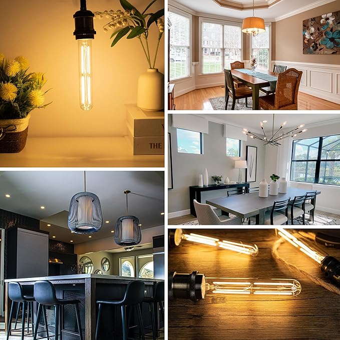 Tubular Light Bulb 7.3 Inch Dimmable T10 LED Bulb E26 6W 60 Watts Edison Bulbs 2700K Solf White,185mm Long for Wall Sconces, Pendant, Livingroom, 4-Pack