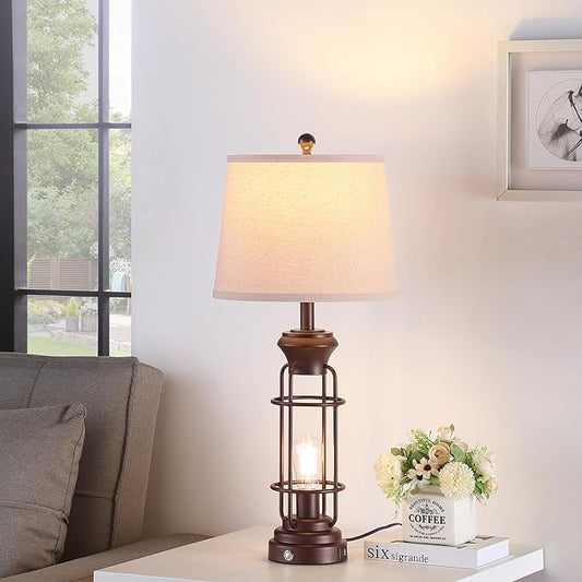 Table Lamps for Living Room Set of 2, 28" Tall Farmhouse Table Lamp with Oil Rubbed Bronze Finish, Bedroom Lamps for Nightstand with White Oatmeal Lampshade, 4 Bulbs Included
