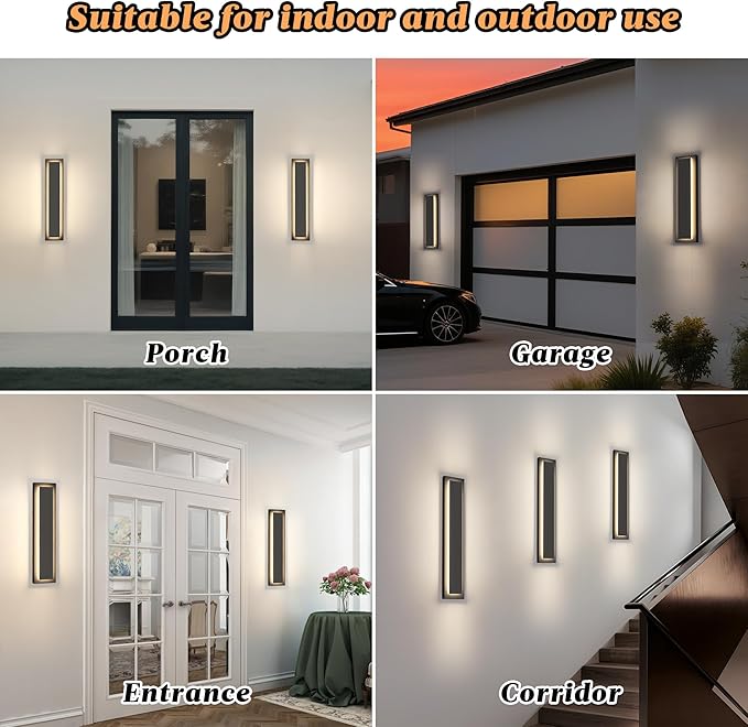 24 in Long Black Outdoor Wall Lights Exterior Lights for House, 4 Pack Front Porch Light Fixture, 24W Modern LED Outdoor Wall Sconce, Waterproof Outside Garage Light, 3000K Warm White