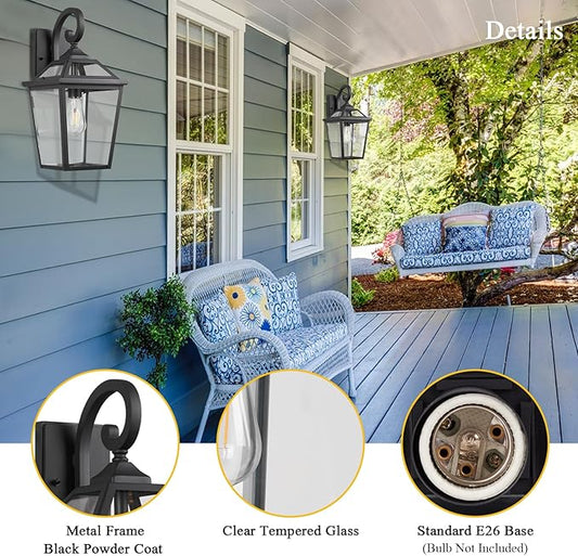 Outdoor Wall Lantern, Black Exterior Light Fixture Wall Mount with Clear Glass for Front Porch, 18 Inch Tall Waterproof Outdoor Wall Sconces Lamp Outside for House, Doorway, Garage, Patio