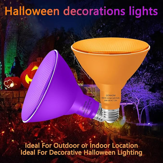 PAR38 Flood Lights Outdoor,Dimmable LED Flood Light Bulbs,20W(Equivalent to 200W),E26 Base,Outdoor Porch,Holiday Lighting,LED Flood Light Bulb for Halloween,Christmas,4 Pack Orange Purple