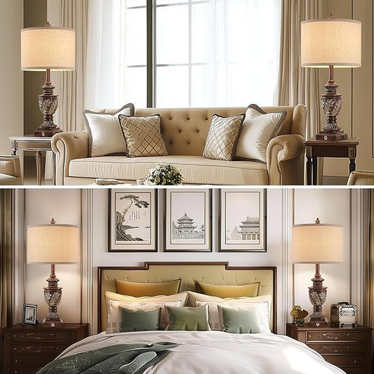 Farmhouse 3-Way Dimmable Touch Table Lamp Set of 2 for Bedroom Living Room with USB A+C Charging Ports 27.75" Tall Rustic Traditional Nightstand Bedside Lamps Brown End Table Lamp (2 Bulbs Included)