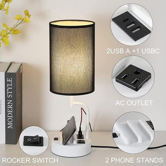 Dreamholder Table Lamp with 3 USB Charging Ports, Modern Desk Lamp with AC Outlet and Phone Stands, Perfect Bedside Lamp for Bedroom, Living Room, Office (Pack of 2), White&Black