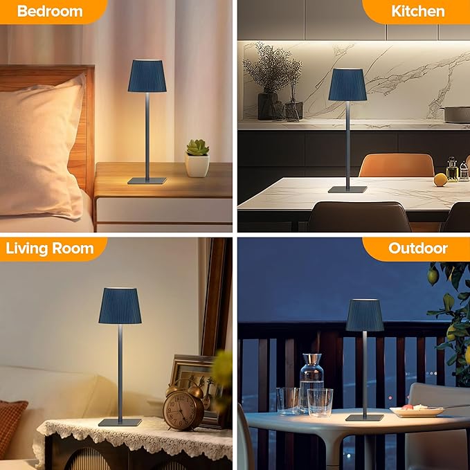 LUTEC 2 Pack Cordless Table Lamp,6000mAh Rechargeable Battery Operated Desk Lamp,Two Adjustable Heights,Waterproof, Touch Control & 3 Color Stepless Dimming for Restaurant/Bedroom/Bars/Outdoor (Blue)