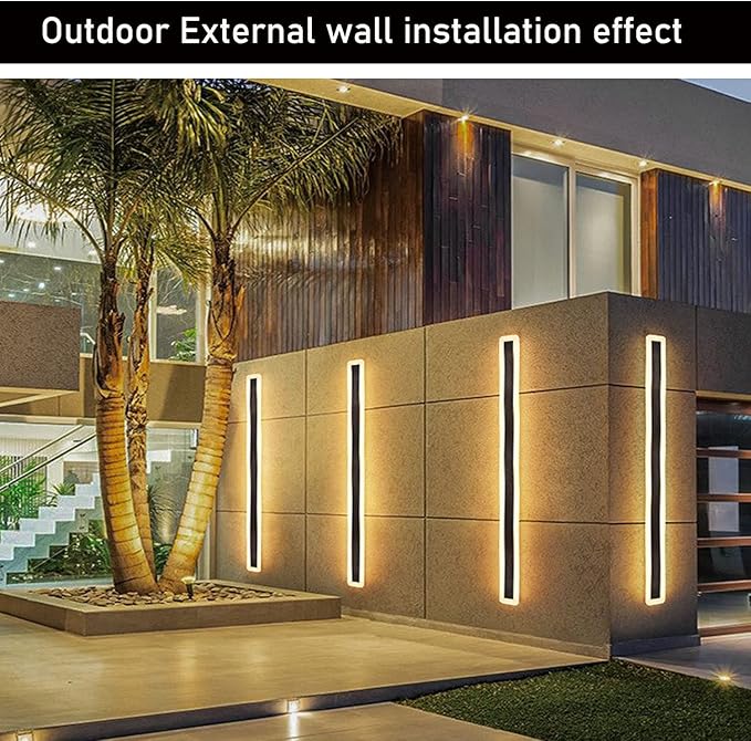 2Pack-79inch Long Outdoor Modern LED Wall Light,65W Waterproof IP65 Warm White 110V led Wall Mount Lighting Fixture Rectangular Black Wall Lights Elegant Frosted White Acrylic Anti Rust.