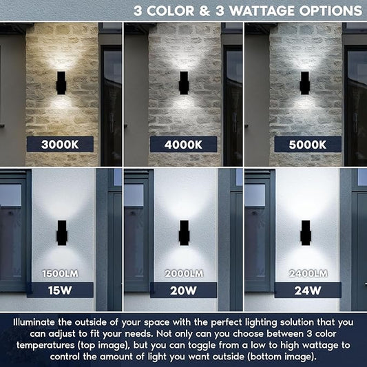 LUXRITE Dusk to Dawn LED Modern Outdoor Wall Light, 10", Up or Up and Down Light, 3CCT 3000K-5000K, Waterproof Square Wall Sconce, 15/20/24W, Dimmable, IP65, ETL, Black - Exterior Porch Patio Garage