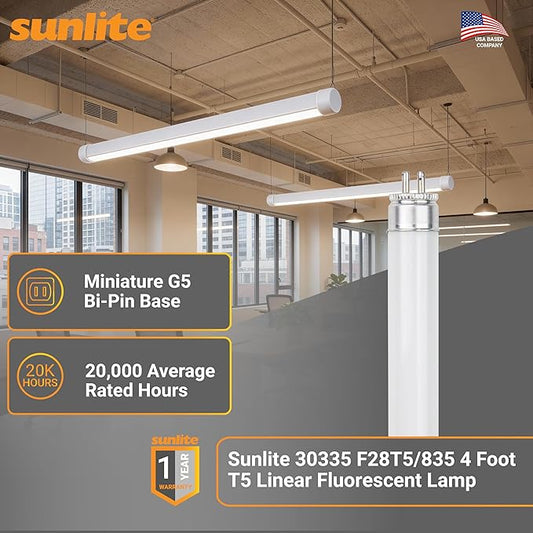 Sunlite 30335 F28T5/835 4 Foot T5 Linear Fluorescent Lamp, 28 Watts, 2500 Lumens, 3500K Neutral White, Miniature G5 Bi-Pin Base, ROHS Compliant, High Performance Straight Tube, 40 Pack