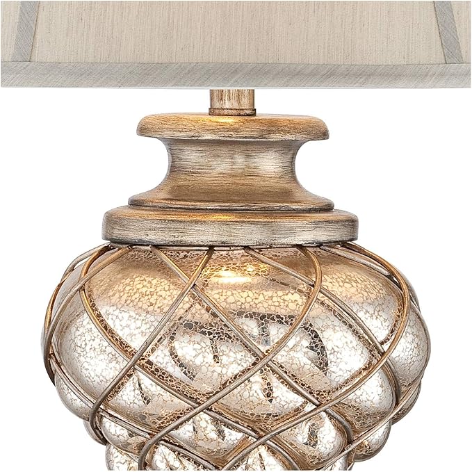 Barnes and Ivy Luke Traditional Vintage Table Lamp with Riser Nightlight LED 35.25" Tall Mercury Glass Off-White Fabric Bell Shade Living Room Bedroom House Bedside Nightstand Home Office