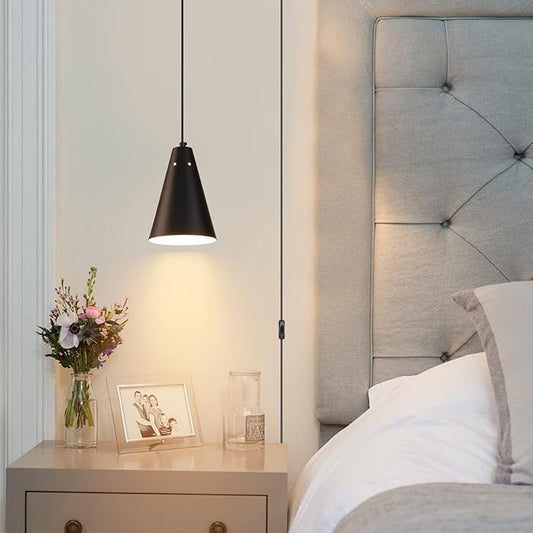 Black Plug In Pendant Light,Hanging Lights With Plug In Cord On/Off Switch, Mini Pendant Lights for Kitchen Island,Modern Farmhouse Pendant Light Fixture with Metal Shade,Hanging Lamps for Bedroom