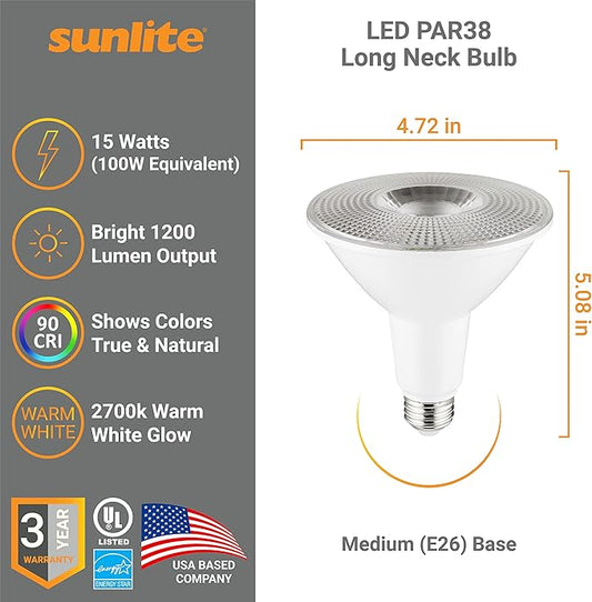 Sunlite 40303 LED PAR38 Long Neck Spotlight Bulb, 15 Watt (100W Halogen EQ), 1200 Lm, 40° Flood Beam, Medium E26 Base, 90 CRI, Waterproof, Dimmable, T20/T24/CEC & UL Listed, 2700K Warm White, 6 Count