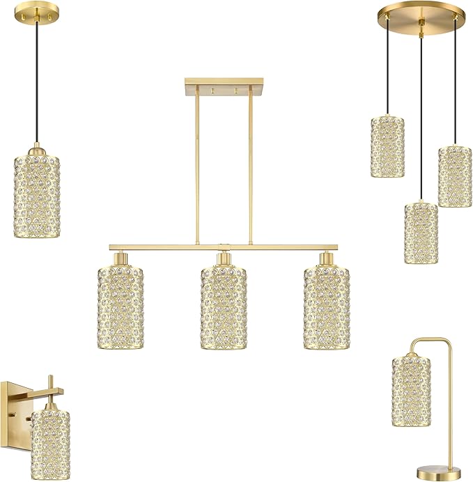 Doraimi Lighting 3 Pack Polyhedral Crystal Metal Pendant Ceiling Chandelier Wall Sconce Lamp Replacement Covers Shade Fixture Champagne Finish,1.66" Fitter Size,7.9" high*4.8" Diameter