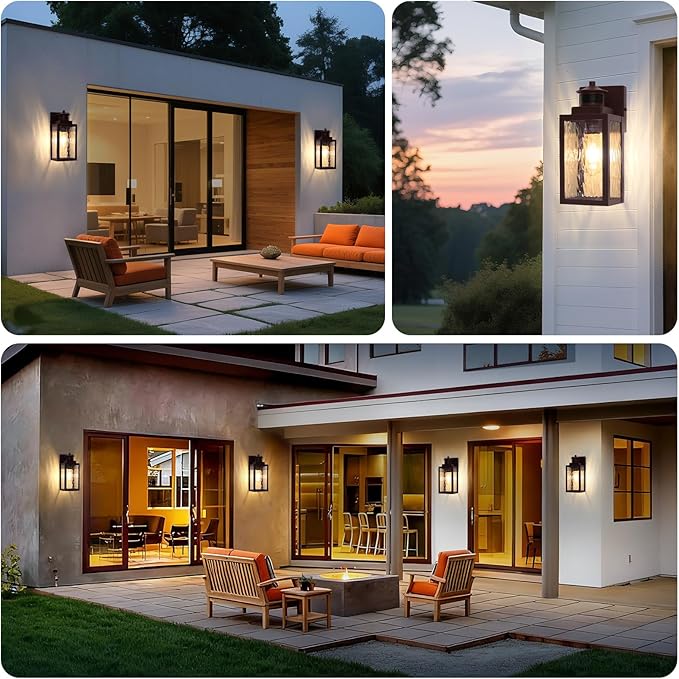 BesLowe 2-Pack Motion Sensor Outdoor Wall Lights, Dusk to Dawn Porch Lights Outdoor Sconces with Water Ripple Glass, Brown Exterior Lighting Fixtures Wall Mount, Outside Lights for House Front Door