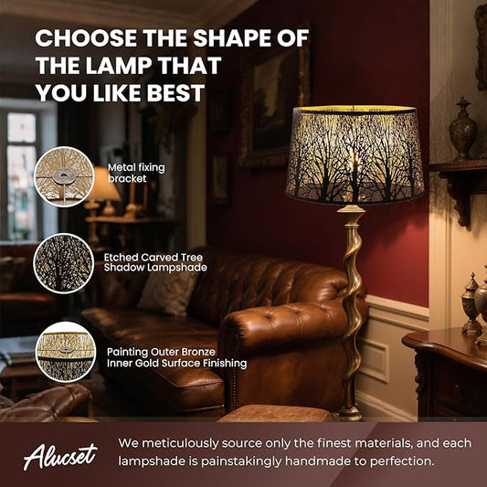 Large Lampshade Oval Etched Forest(14+8.5)×(16+10.5)×9.5"Antique Bronze Gold Lamp Shades Replacement for Floor Lamp, Bedside and Table Lamps