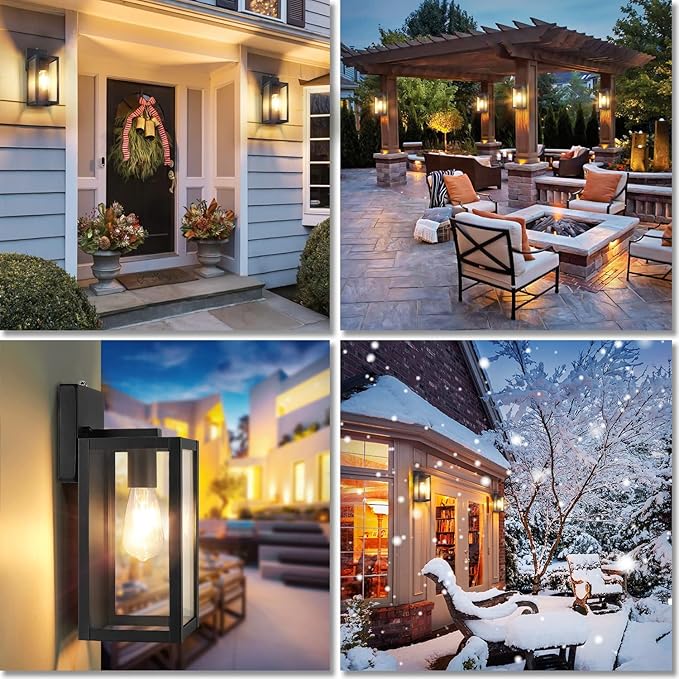 BesLowe 2-Pack Dusk to Dawn Outdoor Wall Lanterns Lights, Matte Black Waterproof Exterior Sconces with Clear Glass, Anti-Rust Outdoor Light Fixtures Outside Lights for House, Porch, Garage, Doorway
