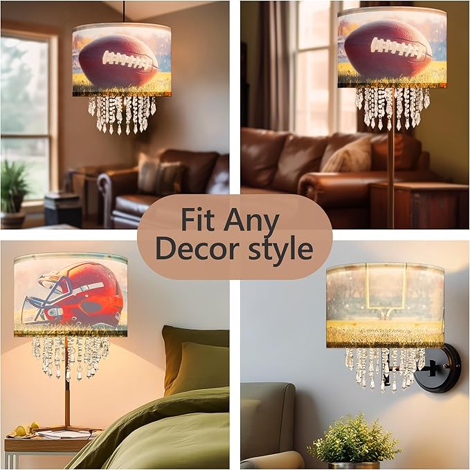 American Football & Helmet Lamp Shade with Acrylic Bead Droplets, Sport Theme Fabric Light Shade for Pendant Table & Floor Lamp, Kid Boy Teen Room Party Decor, 11.8in