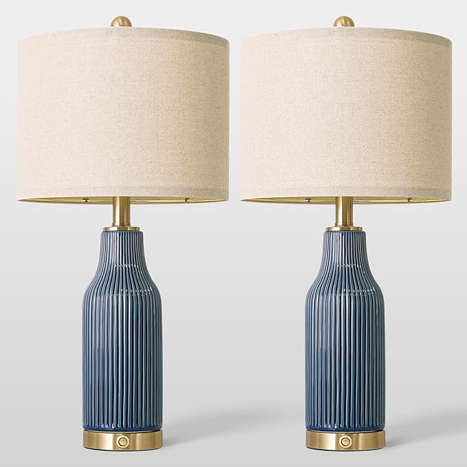 24.5" Modern 3-Way Dimmable Touch Control with USB A+C Ceramic Lamps Set of 2 Table Lamp for Living Room Bedroom Farmhouse Nightstand Bedside Blue