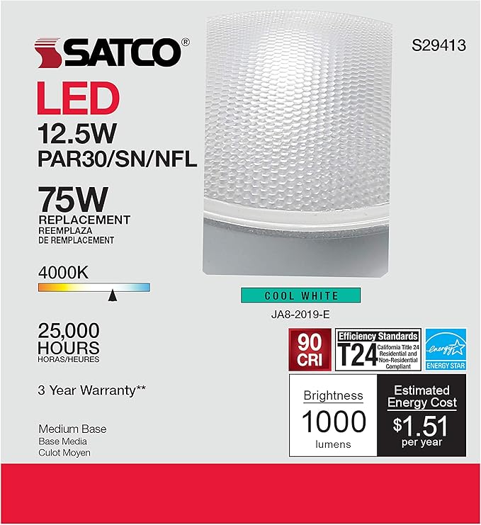 Satco S29413 12.5 Watt; PAR30SN LED; 4000K; 12-Pack California Compliant