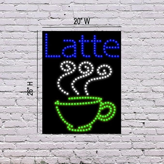 LED Latte Sign for Retail Business Displays |Advertising Electronic Light Up Sign for Windows Walls | 26"H x 20"W x 2"D
