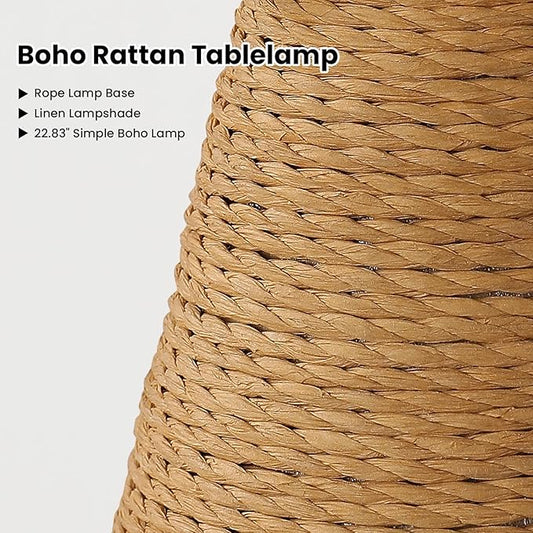 KAISITE Rattan Lamp Boho Table Lamp - 2Pack Large Bedside Table Lamps for Bedroom Rustic Handmade Woven Lamp Nightstand Lamps with Pull Chain for End Table, Living Room, Farmhouse - E26 Socket