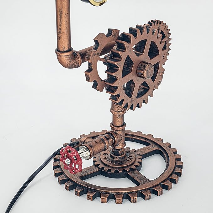 Eclectic Copper Steampunk Pipe Table Lamp with 360° Adjustable Light & Clock (Cage Shade) QTF-BT06