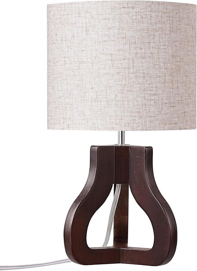 EDISHINE 14.6" Small Table Lamp, Walnut Wood Tripod Nightstand Lamp for Bedroom, Beige Linen Shade, Cute Bedside Lamp for Living Room, Bedroom, On-Off Line Switch, E26 Base(Bulb Not Included)
