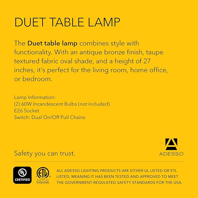 Adesso Duet Table Lamp with Dual Pull Chains, Antique Bronze Finish, Taupe Fabric Shade – 27” Tall, Versatile Bedside Table or Desk Lamp