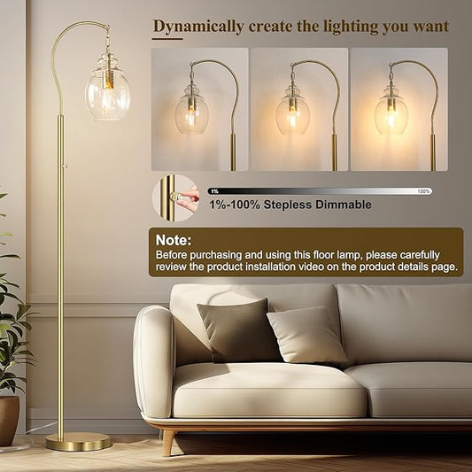 QiMH Gold Floor Lamps for Living Room, Modern Standing Lamp for Bedroom, 70" Tall Lamp for Corner, Arc Floor Lamp with Seeded Glass Lamp Shade, Dimmable Floor Lamp for Reading Office Nursery